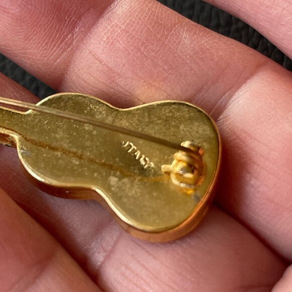 Vintage Italian Micro Mosaic Guitar Brooch Pin Gold Tone 1.75 in Signed Italy - Picture 3 of 8